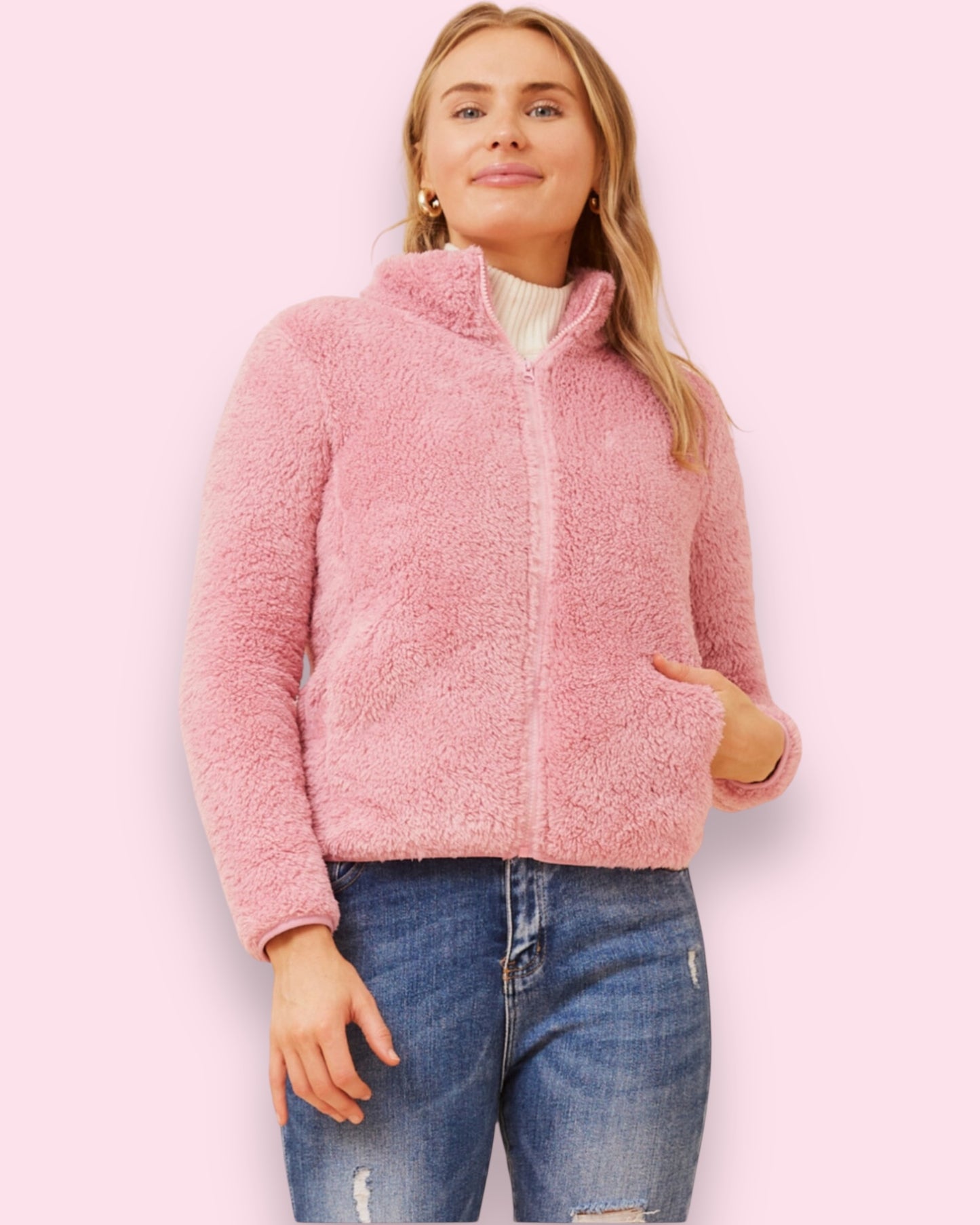 Teddy Fur Zip Jacket - Rose Pink