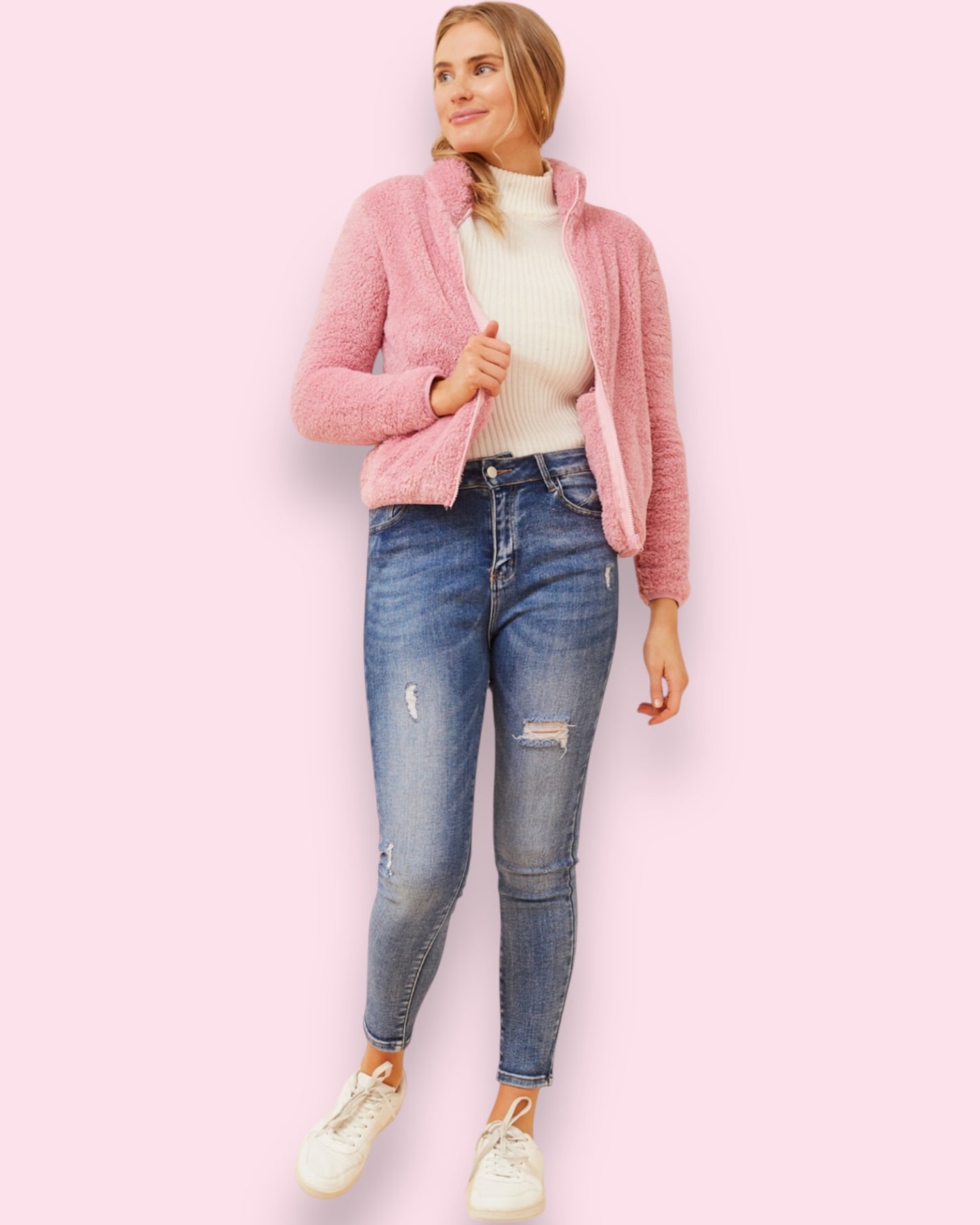 Teddy Fur Zip Jacket - Rose Pink