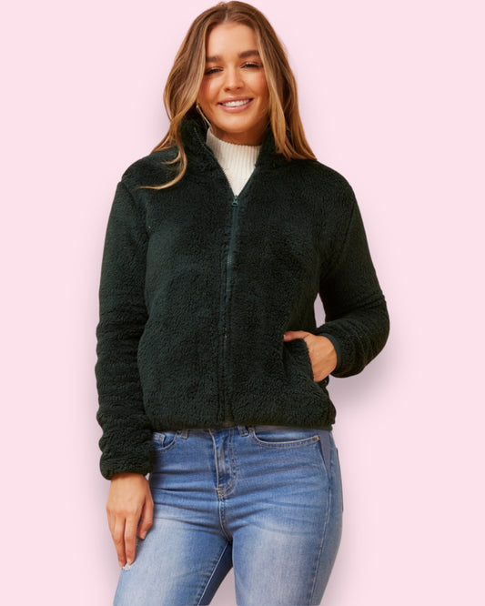 Teddy Fur Zip Jacket - Forest Green