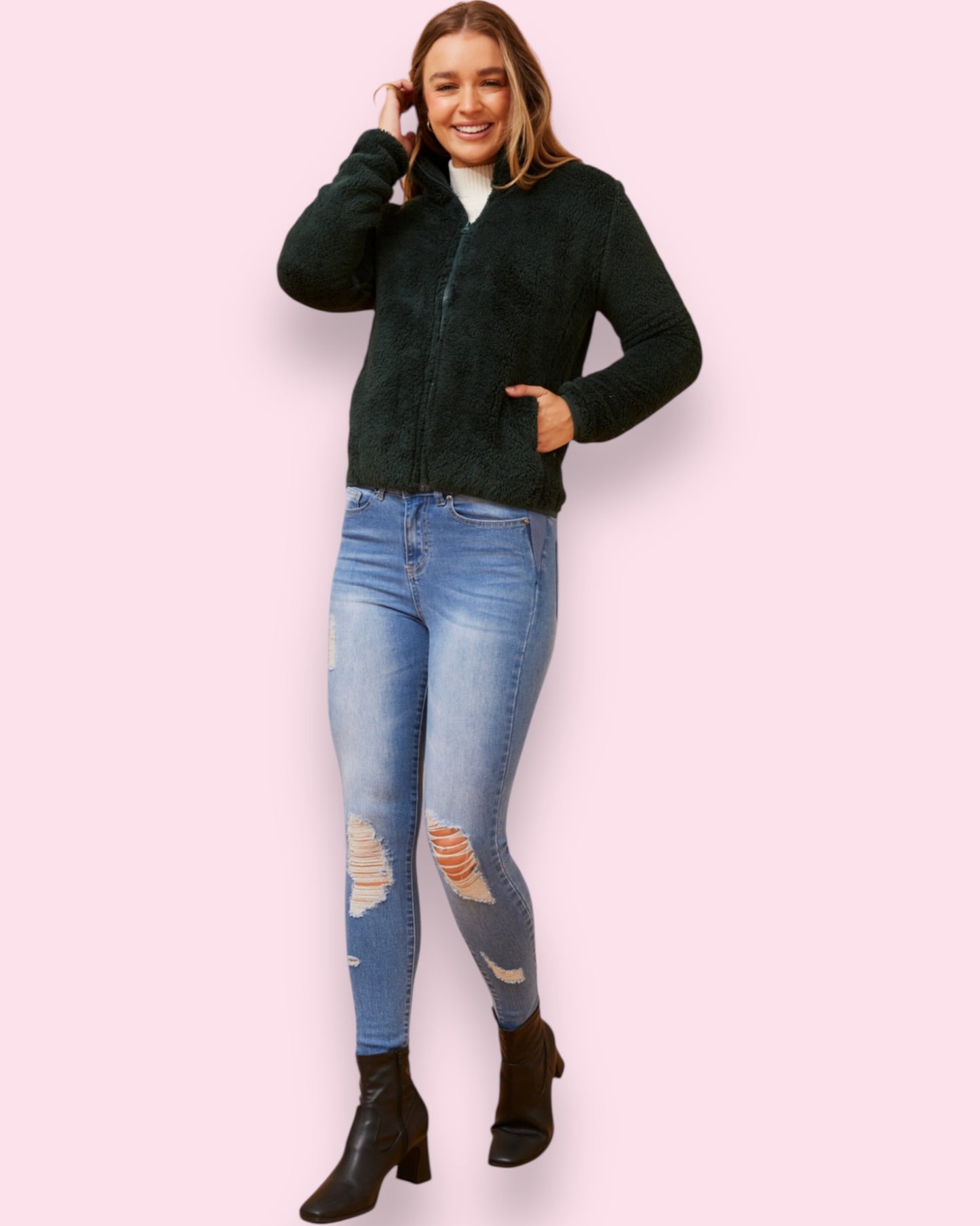 Teddy Fur Zip Jacket - Forest Green