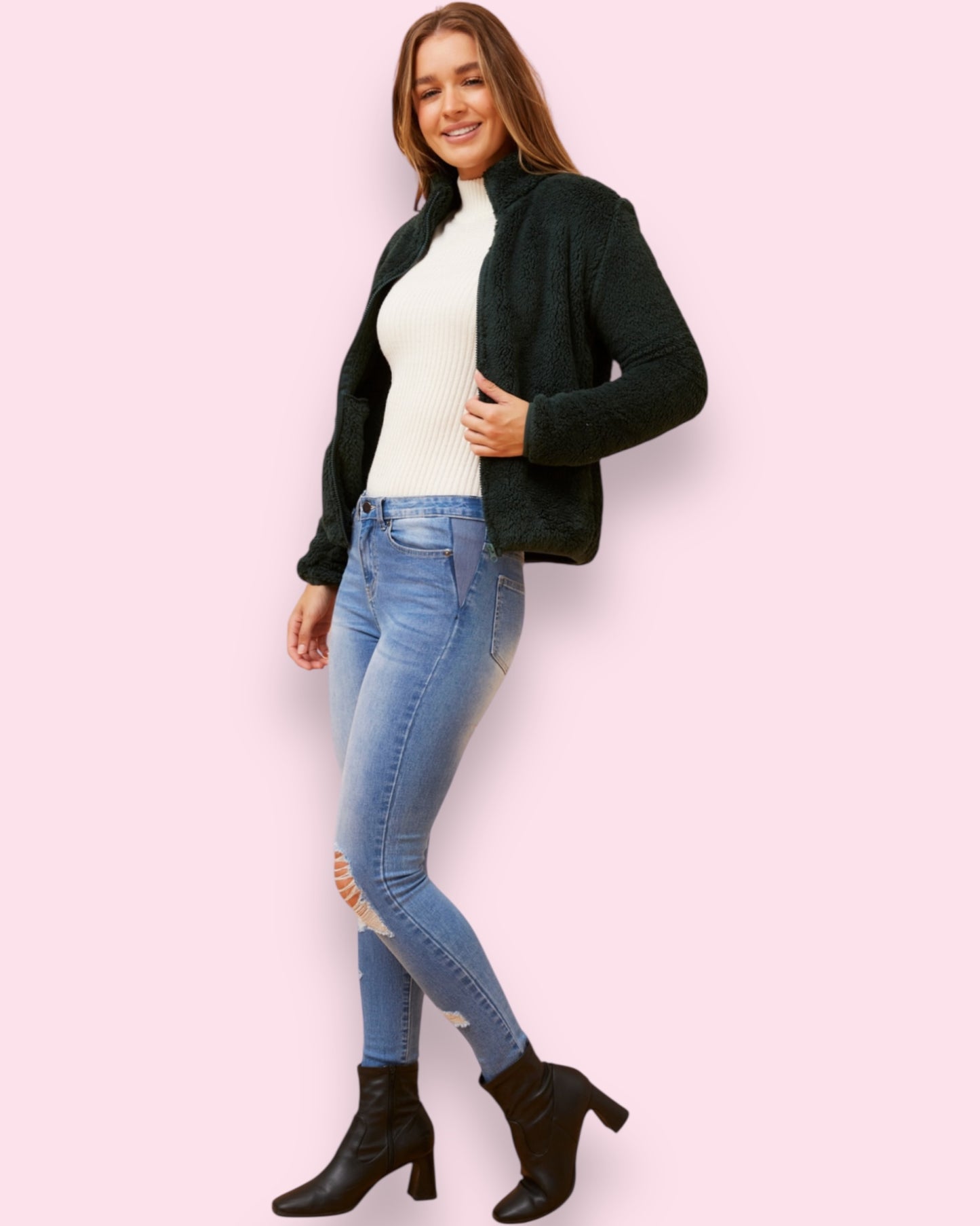 Teddy Fur Zip Jacket - Forest Green
