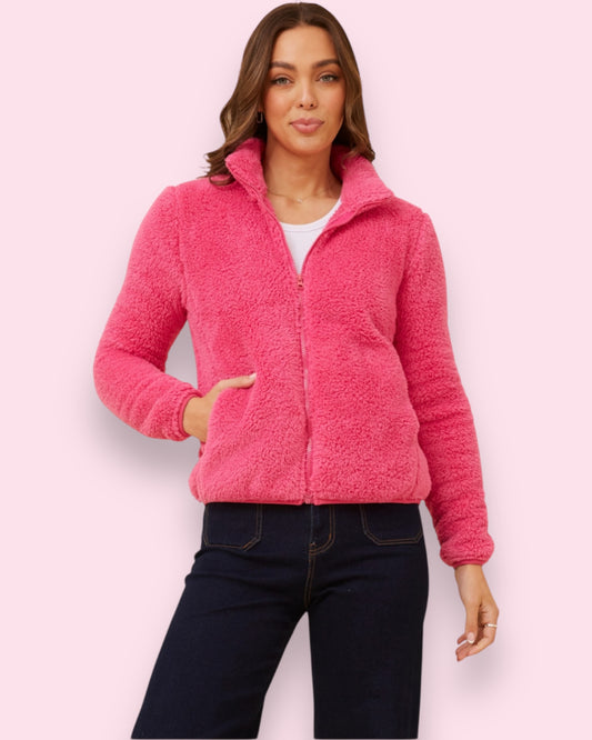 Teddy Fur Zip Jacket - Azalea
