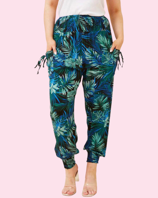 Harem Pants - Blue/Green Palm Print