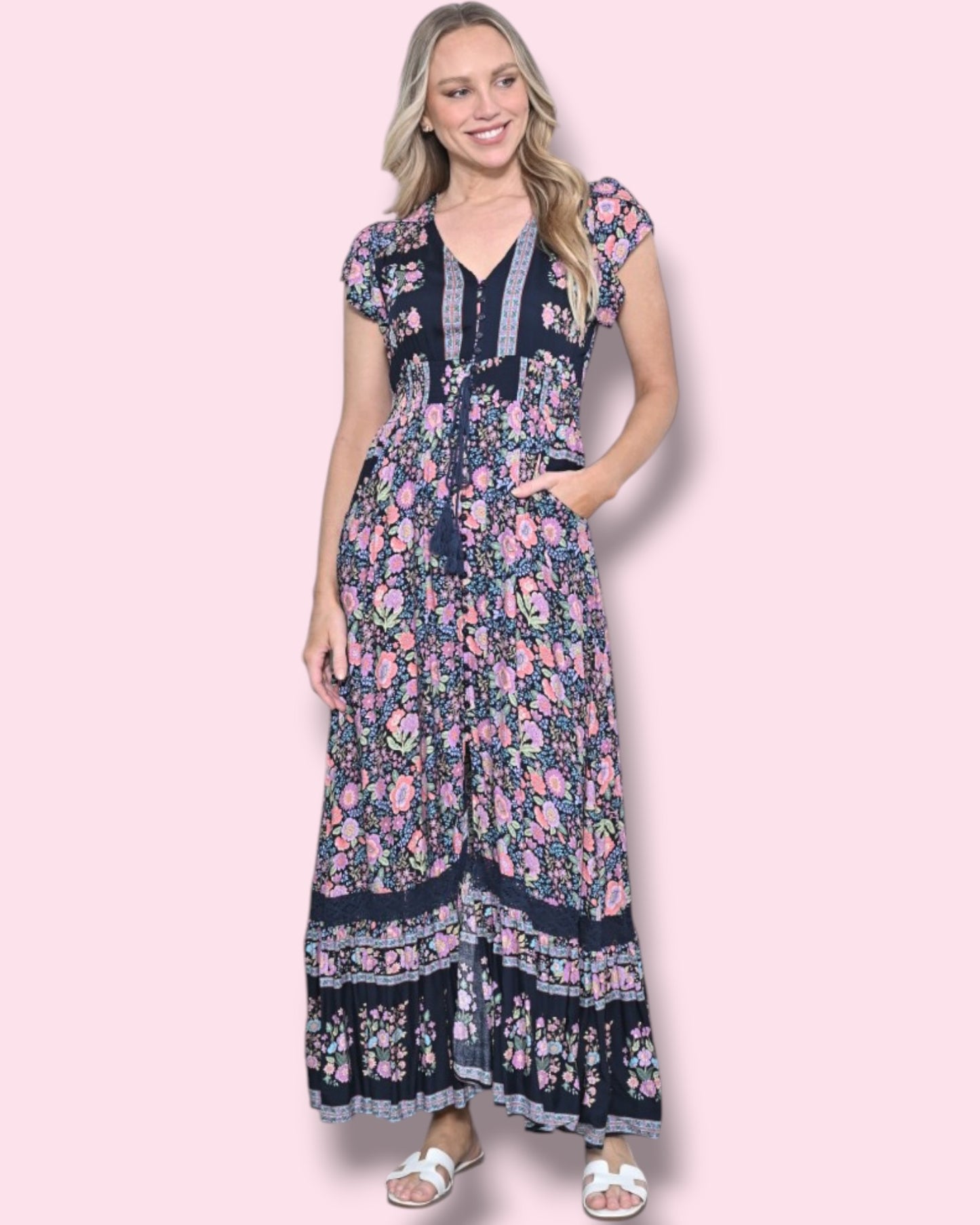 Cassie Print Maxi Dress - Navy/Pink Floral