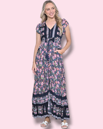 Cassie Print Maxi Dress - Navy/Pink Floral