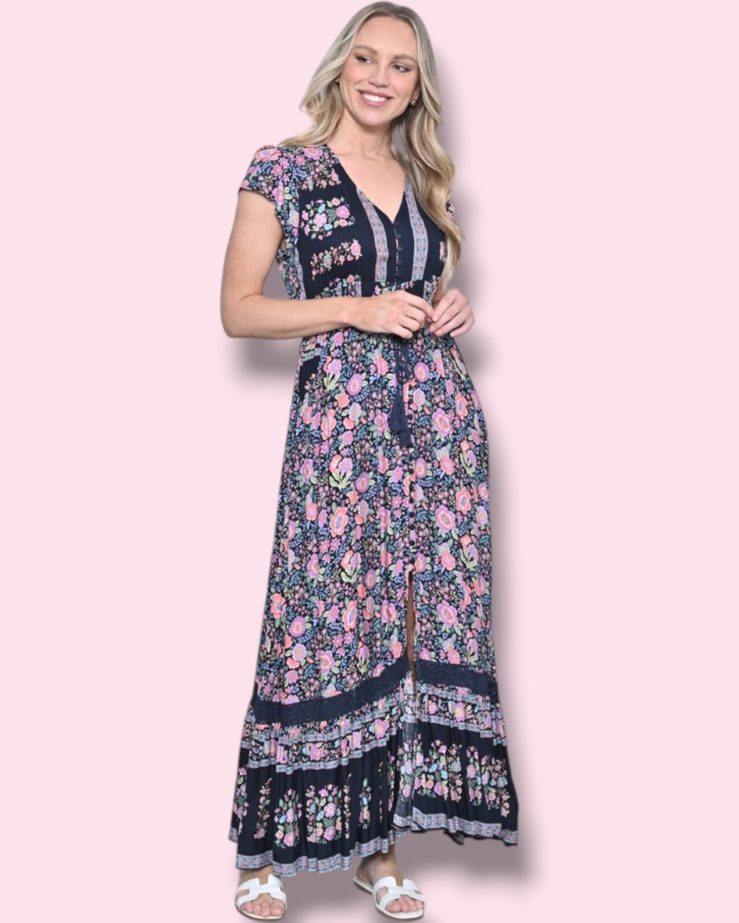 Cassie Print Maxi Dress - Navy/Pink Floral