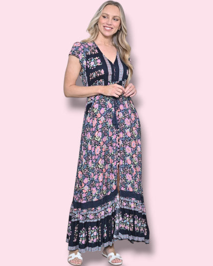 Cassie Print Maxi Dress - Navy/Pink Floral