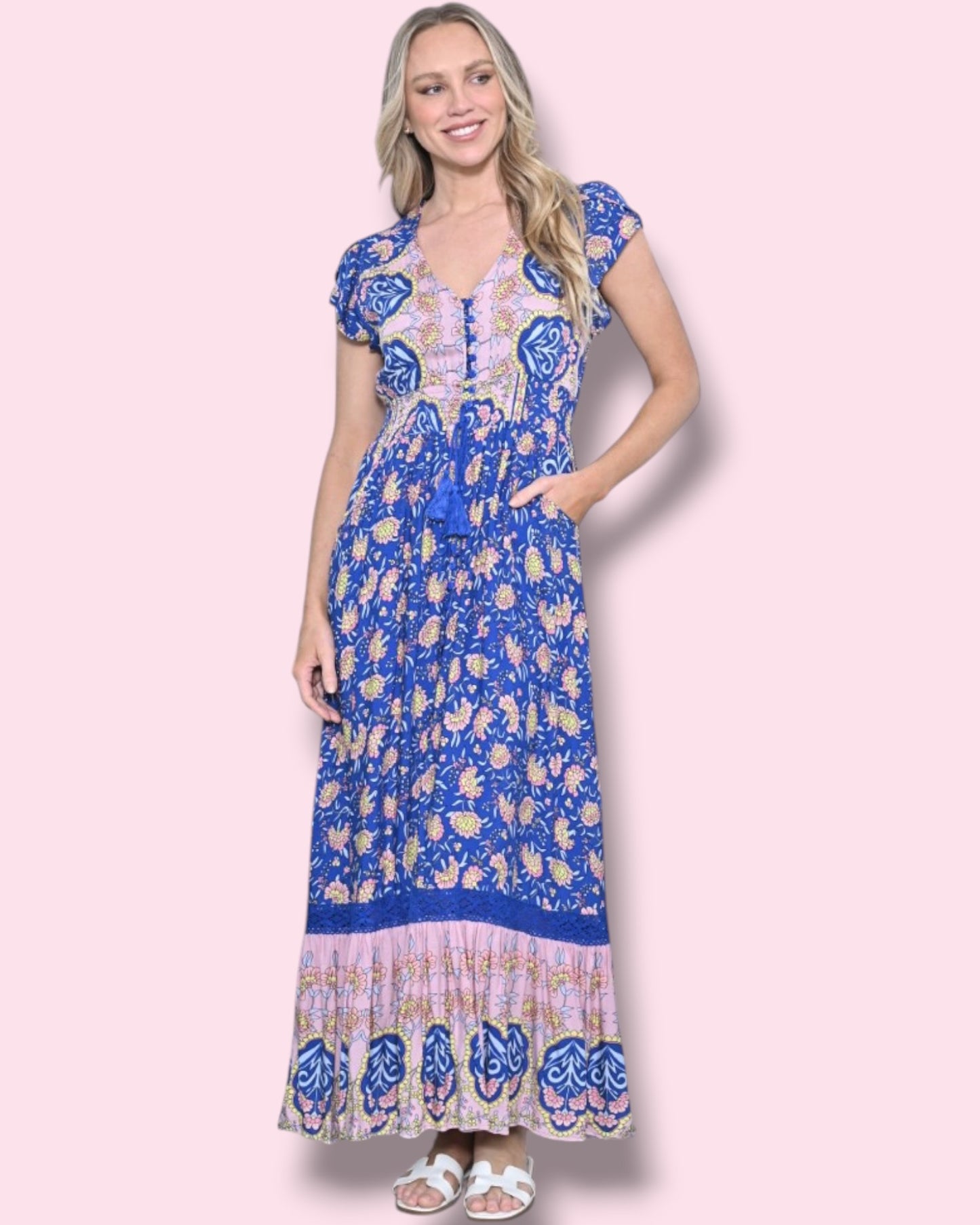 Cassie Print Maxi Dress - Cobalt/Pink