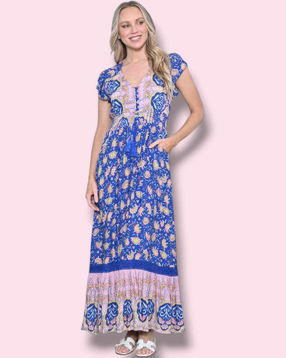 Cassie Print Maxi Dress - Cobalt/Pink